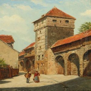 Cityscape From Nurenberg With Couple By Town Wall by August Fischer
