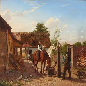 The Horses Are Being Watered On A Sunlitt Farmyard by August Fischer