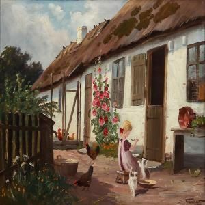 A Girl Gives The Cats Milk In Front Of A Thatched Farmerhouse
