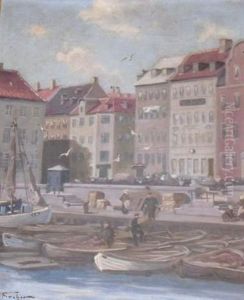 Figures On A Quay With Boats by Edmund Fischer