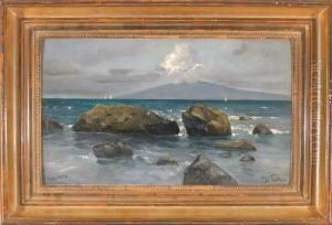 Felsiges Kustenstuck Bei Capri Mit Blick Zum Vesuv by Eduard Fischer