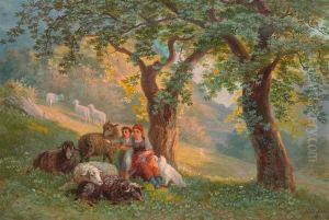 Hirtin Mit Junge, Hund Und Schafen by Heinrich Fischer