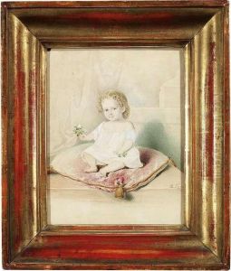 Portrait Of A Child Sitting On A Red Pillow by Leopold Fischer