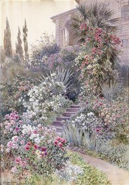 Sudlicher Garten Mit Palmen Und Rosenbuschen - view 1