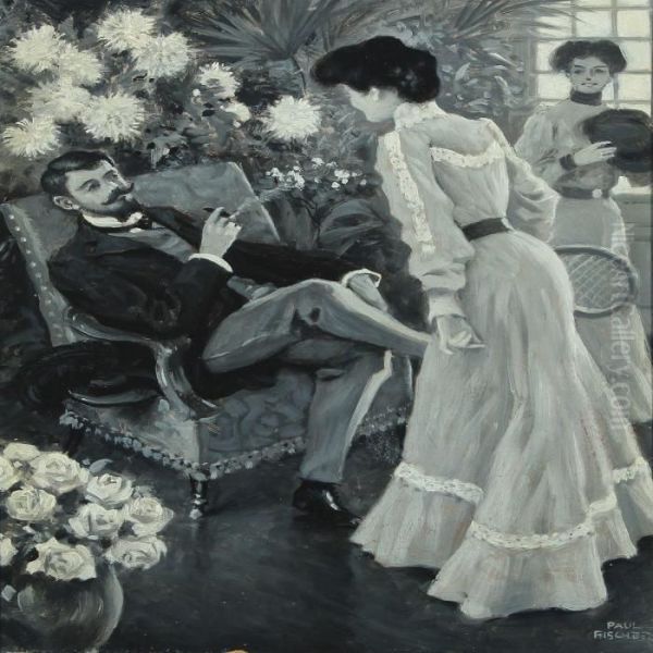 Interior With Man And Two Young Women With Their Tennis Rackets - view 1