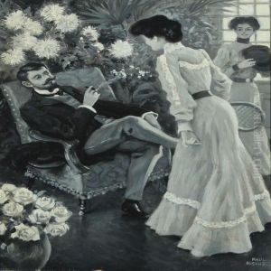 Interior With Man And Two Young Women With Their Tennis Rackets