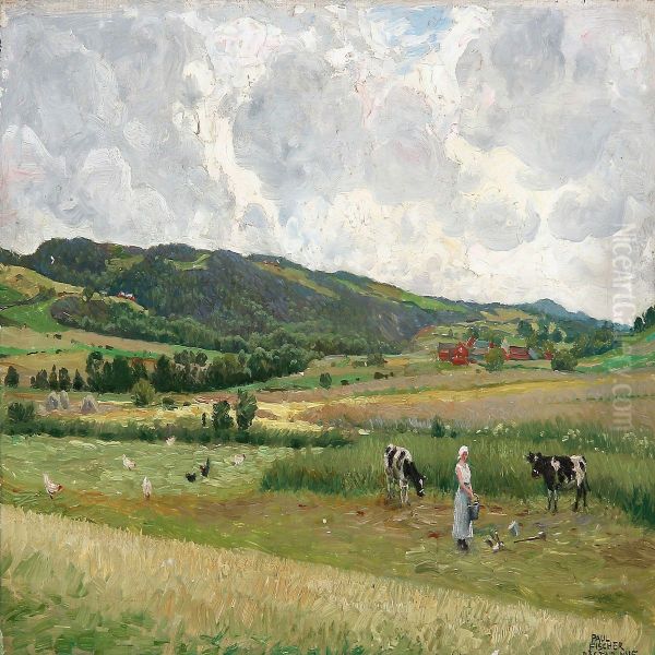 Green Fields Near Bastad In Sweden, In The Foreground A Milkmaid And Two Cows - view 1