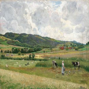 Green Fields Near Bastad In Sweden, In The Foreground A Milkmaid And Two Cows