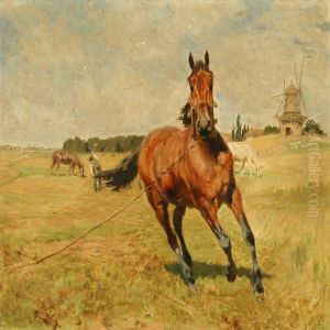 Grazing Horses Near A Mill by Vilhelm Theodor Fischer