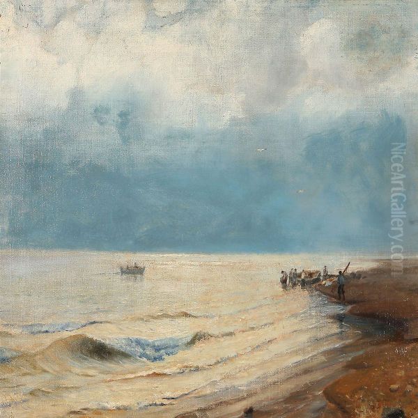 Beach Scene With Fishermen In The Water Edge - view 1