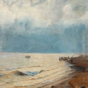 Beach Scene With Fishermen In The Water Edge by Vilhelm Theodor Fischer