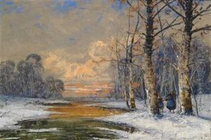 Wood Collector In A Winter Forest In The Evening