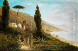 Blick Auf Eine Suditalienische Bucht Mitruinengebaude Zwischen Zypressen by Georg Fischof