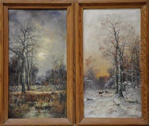 Pendants:herbstlandschaft Mit Auffliegender Ente Und Winterlandschaft Mitrotwild by Georg Fischof