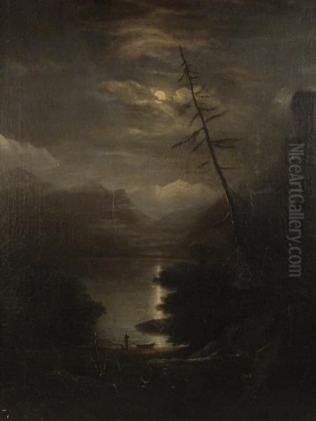 Moonlit Figure By A Lake by Alvan Fisher