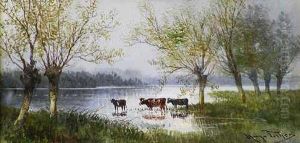 "cows Drinking At A River Bank". Signed Hugo Fisher L/r. Watercolor. Measuring 6 Â¾" By 13 Â¾"