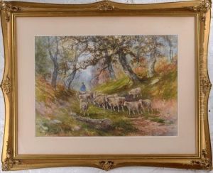 Landscape Withshepherd And Flock Of Sheep by Hugo Anton Fisher
