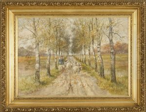 A Shepherd On A Birch-lined Road by Hugo Anton Fisher