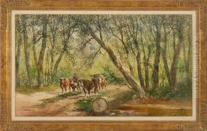A Shepherd With Cows Walking Through A Wooded Landscape by Hugo Anton Fisher