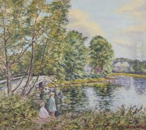 Children Playing By The Stream by Hugo Melville Fisher