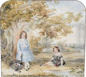 Two Girls Resting Under A Tree; Childrenriding A Pony, A Pair by J. Fisher