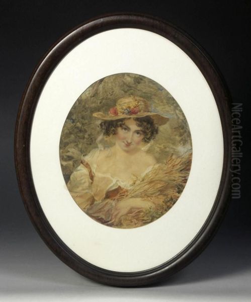 Portrait Of A Lady In A Summertime Settingcarrying A Bundle Of Wheatears And Wearing A Straw Hat Adorned Withflowers - view 1