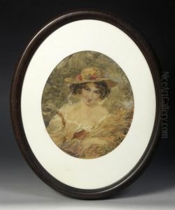 Portrait Of A Lady In A Summertime Settingcarrying A Bundle Of Wheatears And Wearing A Straw Hat Adorned Withflowers by J. Fisher