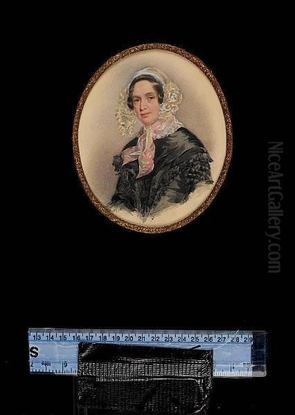 A Lady, Wearing Black Dress, Pink Scarf, White Lace Collar, And Bonnet Dress With Lace. - view 1