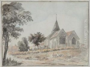 Landscape With Church And Figures by Jonathan Fisher