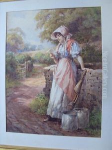 A Young Milkmaid Reading A Letter, Resting By A Wall On A County Path by Joshua Fisher