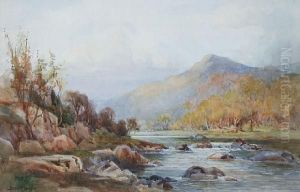 A Rocky River Landscape With Mountains Beyond,together With Another Similar by Joshua Fisher