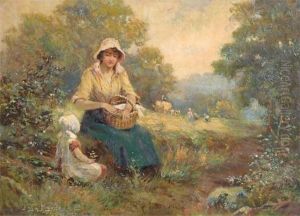 A Women And Young Girl Having A Picnic In A Field