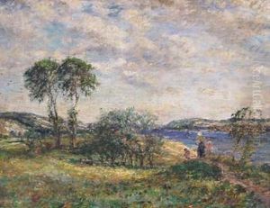 A Mother And Children By A River by William Mark Fisher