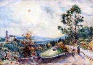 Figures In A Country Lane With Church In Distance by William Mark Fisher