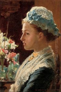 Portrait Of A Lady, Bust-length In Blue Dress With Lace Collar And Cap by Stefani Melton Fisher