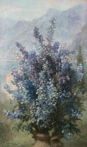 Vase Of Hollyhocks, With Mountainous Background by Stefani Melton Fisher