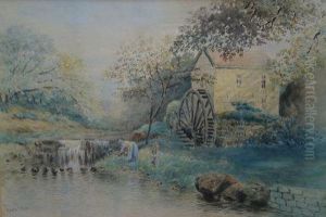 A Mother And Child Picking Wild Flowers Beside Stepping Stones Beneath A Waterfall by Fred Fitch