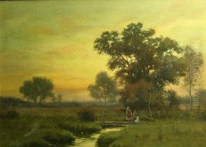 Girl And Her Dog On A Footbridge At Sunset by William Crothers Fitler