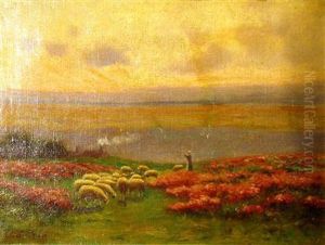 Sheep Grazing In Flowered Pasture by Hiram Peabody Flagg