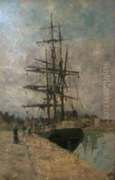 Segler Am Hafenkai In Der Bretagne. Unten Links Signiert Auguste Flameng - view 1