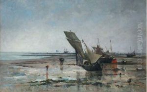  Voiliers Echoues Sur La Greve A Maree Basse  by Marie-Auguste Flameng