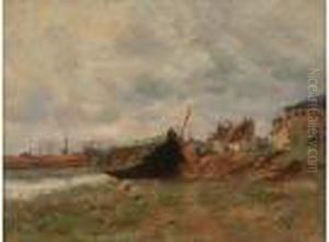 Barque Echouee, Port De Dieppe, Circa 1874 by Marie-Auguste Flameng