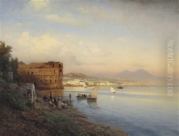 View Of The Bay Of Naples With The Palace Of Queen Johanna by Albert Flamm