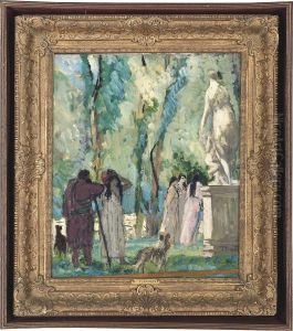 Promenading Figures In A Garden With A Sculpture Of Venus And Cupid by Jules Flandrin