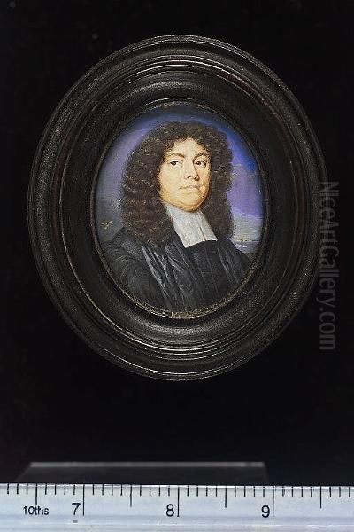 A Pair Of Portraits Of A Gentleman And Lady; He Wears Black Scholar's Robes And A White Lawn Collar, His Shoulder Length Brown Hair Curled, Landscape Background; She Wears White Dress With Blue Cloak, Pearls At Her Neck - view 1