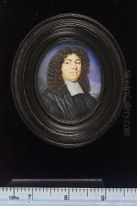 A Pair Of Portraits Of A Gentleman And Lady; He Wears Black Scholar's Robes And A White Lawn Collar, His Shoulder Length Brown Hair Curled, Landscape Background; She Wears White Dress With Blue Cloak, Pearls At Her Neck