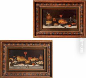 A Pie, Apples, Roast Chicken And Strawberries On Silver Platters, A Jug, A Silver Salt Cellar by Georg Flegel