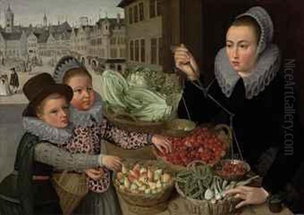 A Market Stand Selling Pears, Cherries, Peas, Leeks And Lettuce,with Two Elegantly-dressed Children, A View Of A Frankfurtbeyond - view 1
