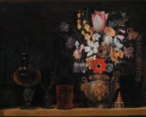 Stillleben Mit Blumenstraus Und Glaspokalen