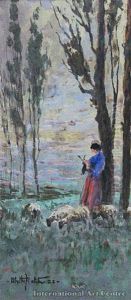 Figure & Sheep In Landscape by Blythe Fletcher